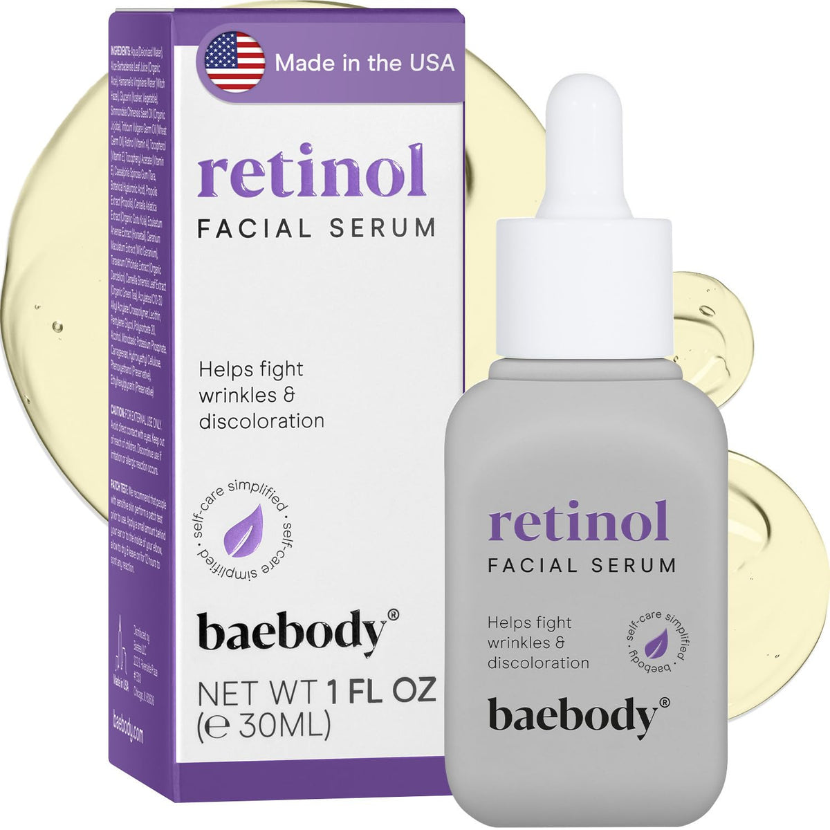 Baebody Retinol Serum bottle closeup for smoother skin texture.