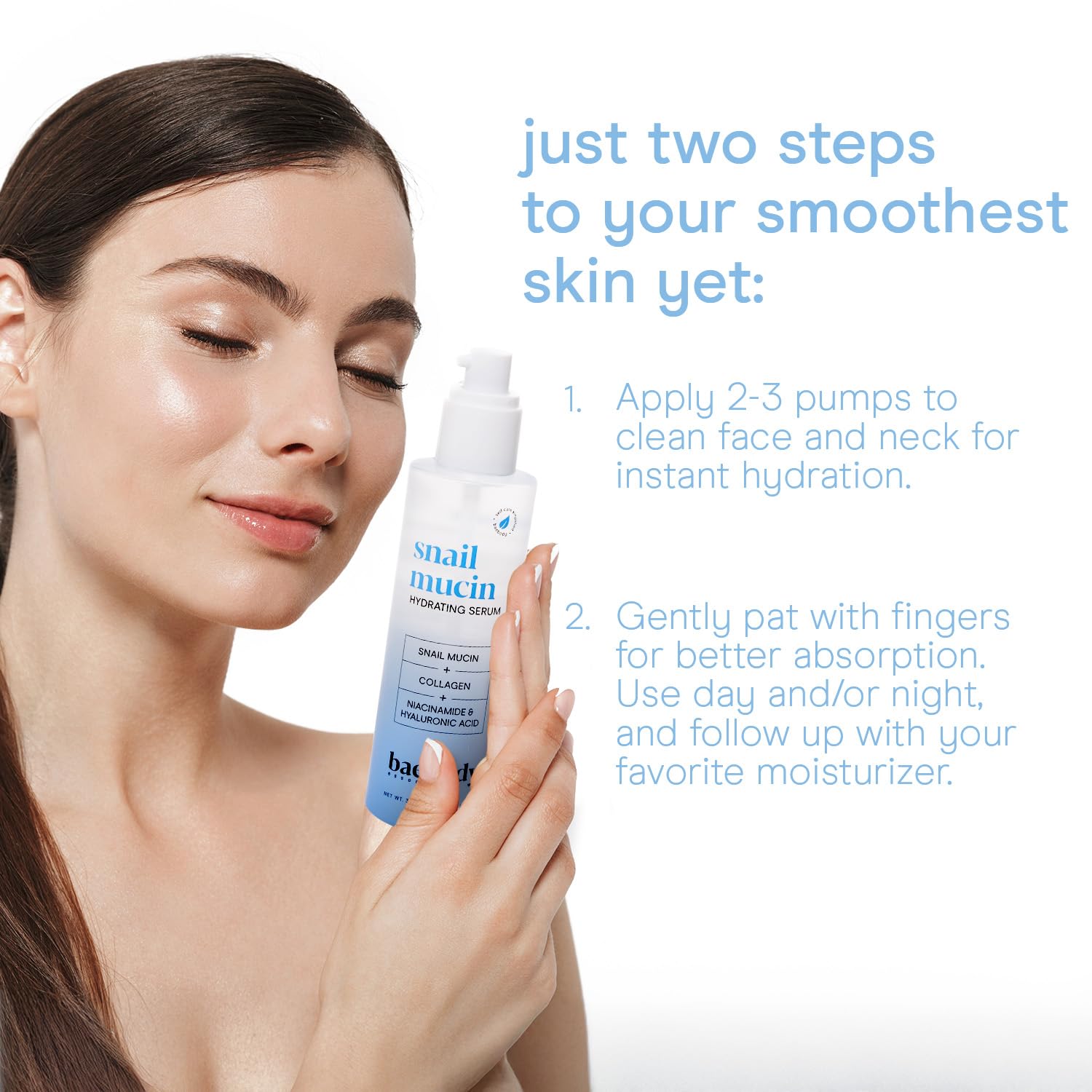 Baebody snail mucin serum on hand demonstrates friendly formula for all skin types