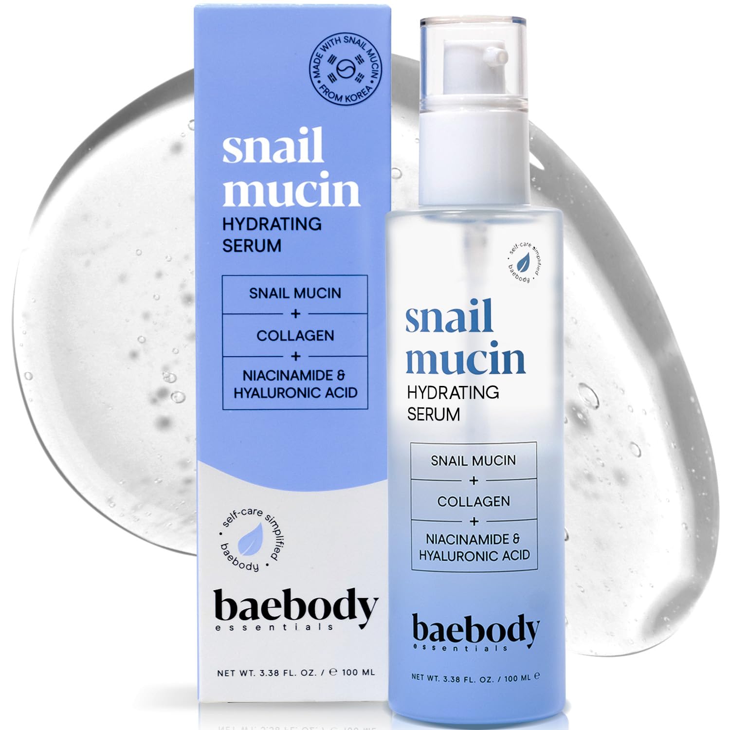 Baebody snail mucin serum bottle on vanity delivering lightweight hydration