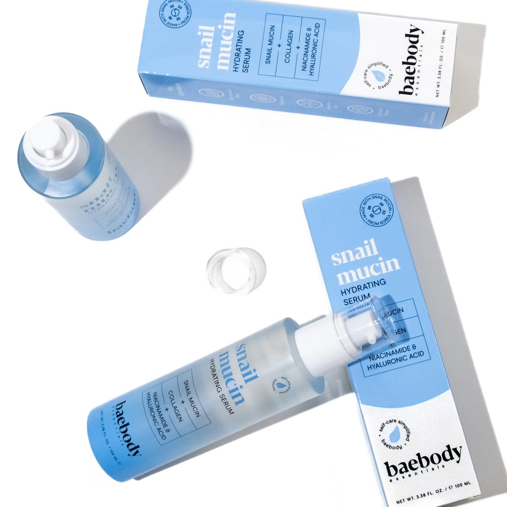 Baebody snail mucin serum close-up showing non-greasy hydration