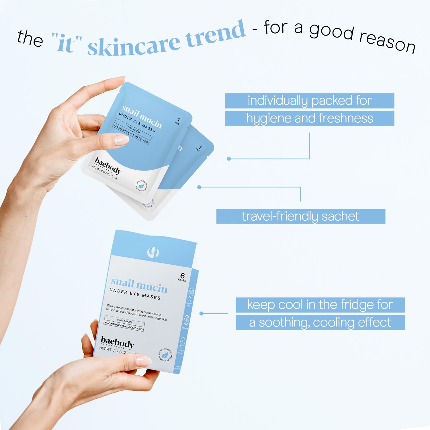 Baebody Travel-ready individually packaged eye patches for on-the-go care.