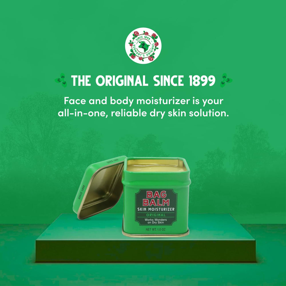 Bag Balm pack of four tins shown for versatile head-to-toe moisturization.