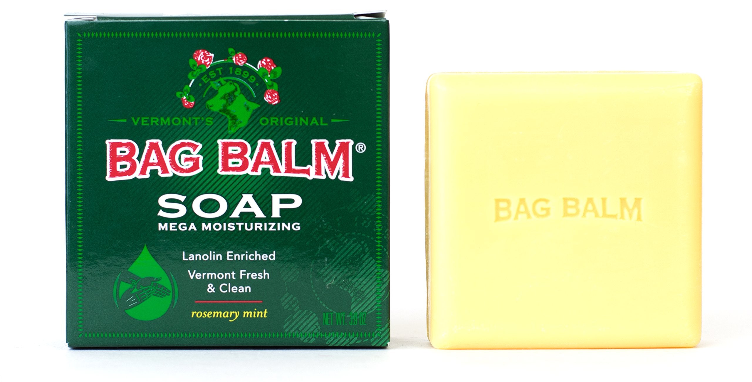Bag Balm rosemary mint soap close-up with refreshing Vermont scent.