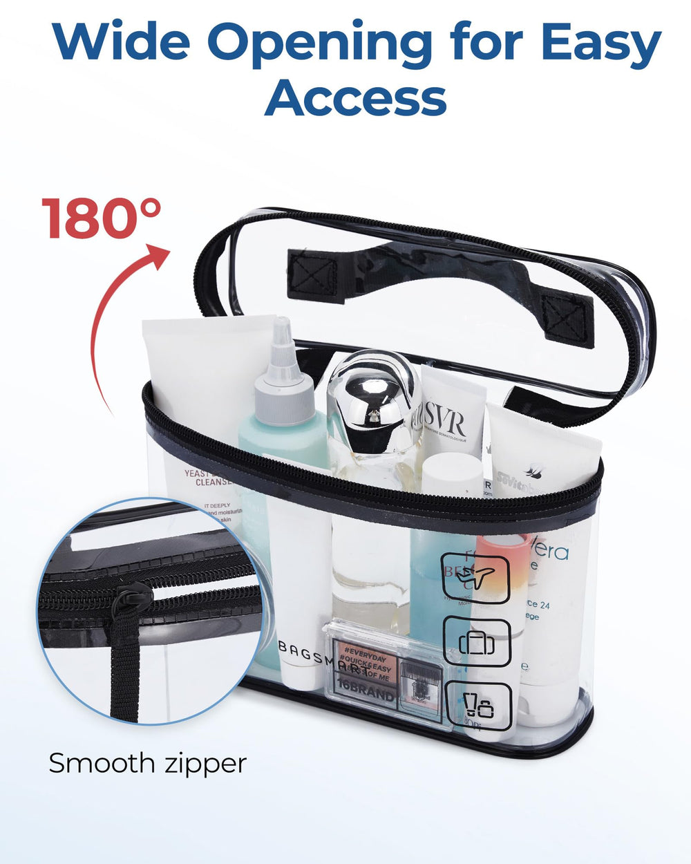BAGSMART clear makeup bag in waterproof PVC for visibility and easy cleaning.