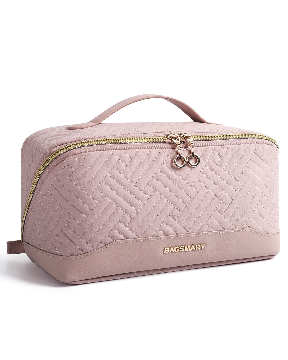 BAGSMART makeup bag open flat in pink for quick cosmetics access