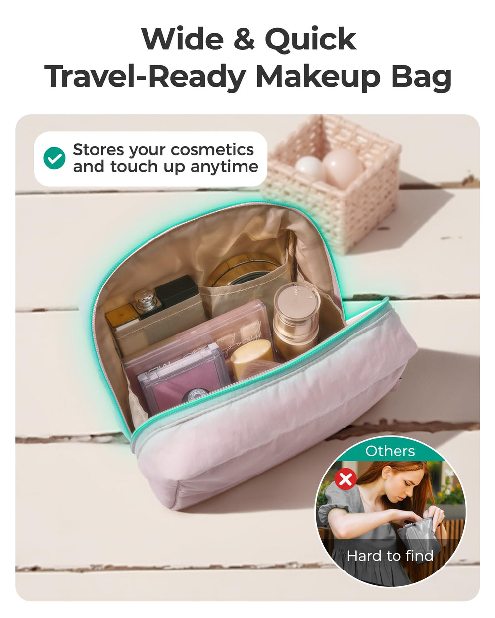 BAGSMART Puffy makeup bag padded interior cushions cosmetics during travel.