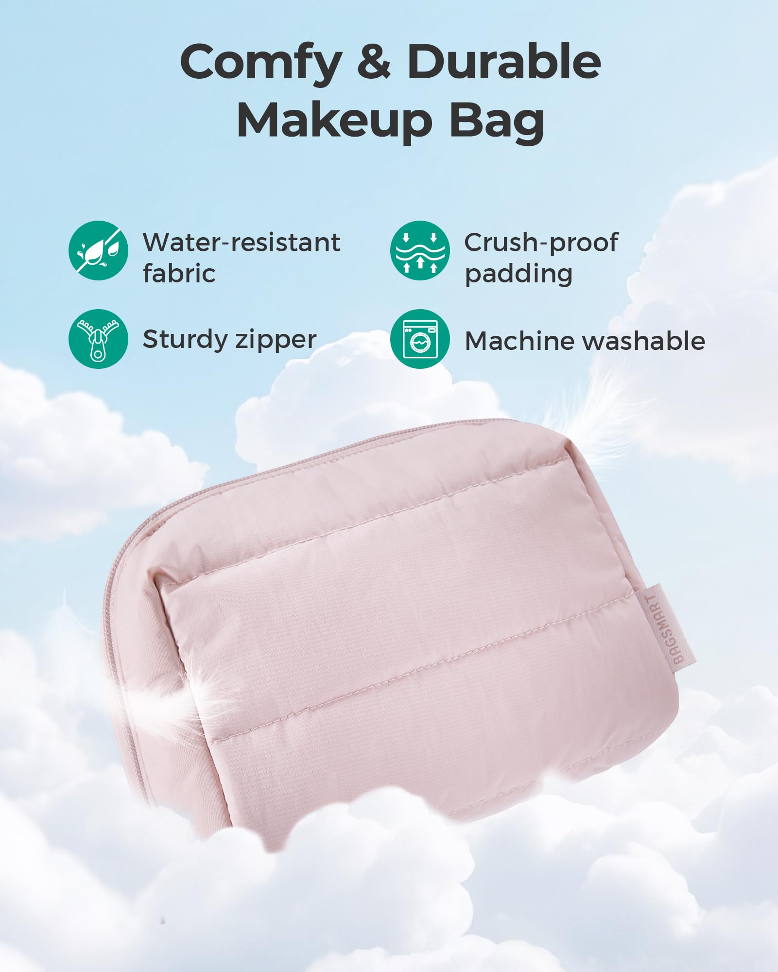 BAGSMART Puffy makeup bag travel-friendly companion for gym and trips.