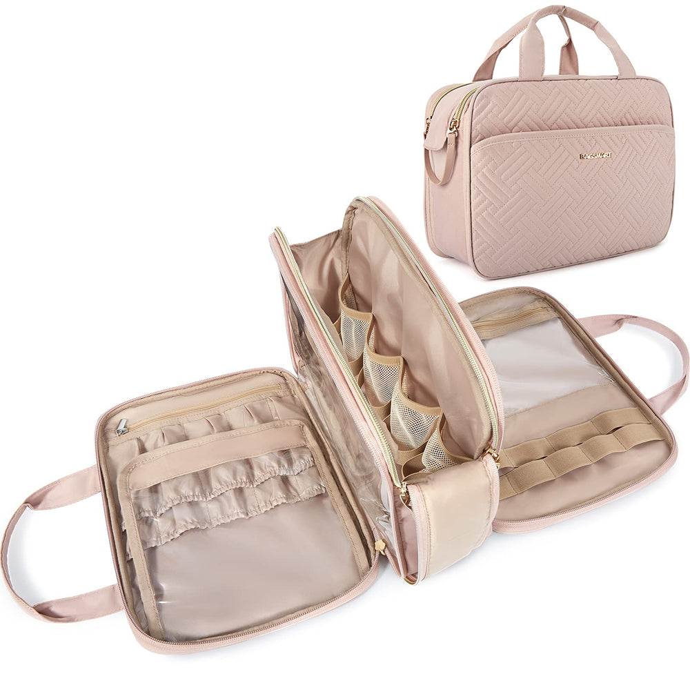 BAGSMART travel makeup bag water-resistant large pink, keeps toiletries organized on the go.