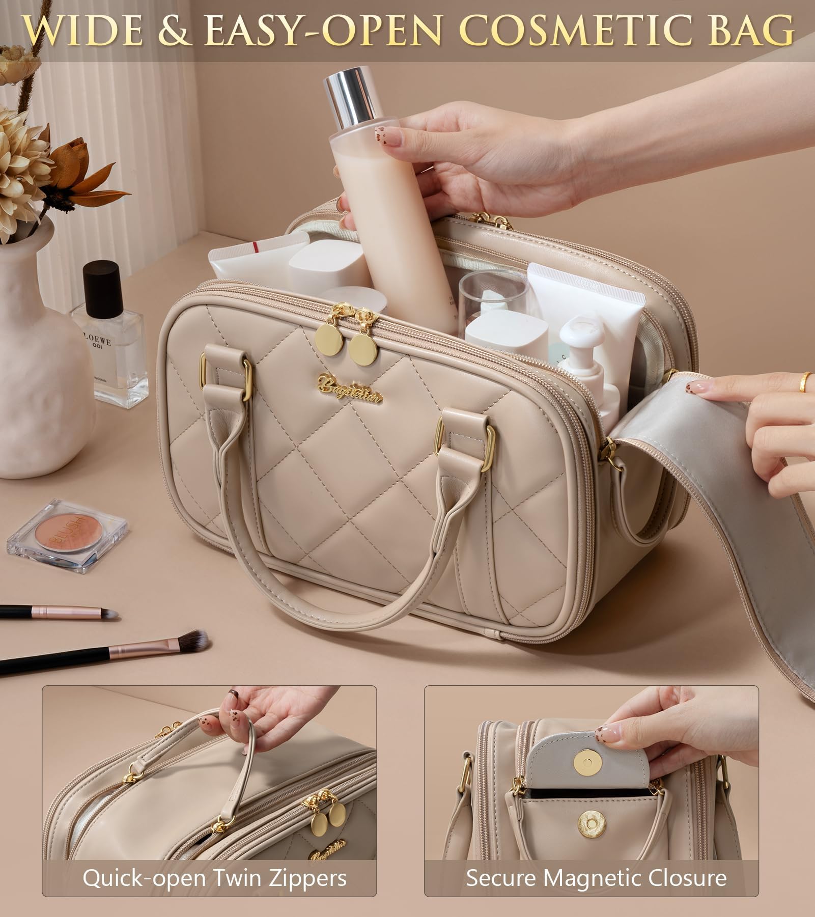 Bagstellar built-in brush holder and mesh pockets secure tools and small essentials.