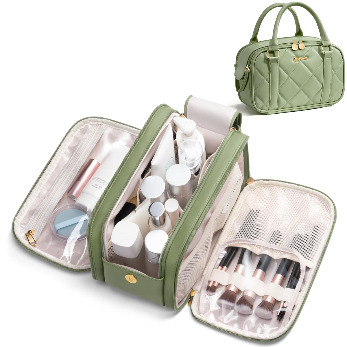 Bagstellar travel makeup bag in sage green, closed for secure storage on trips.