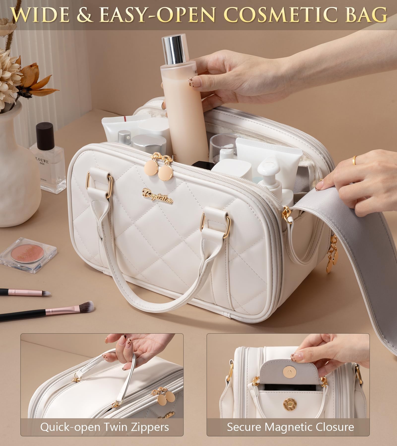 Bagstellar travel bag shows 3 compartments for neat cosmetics and toiletries