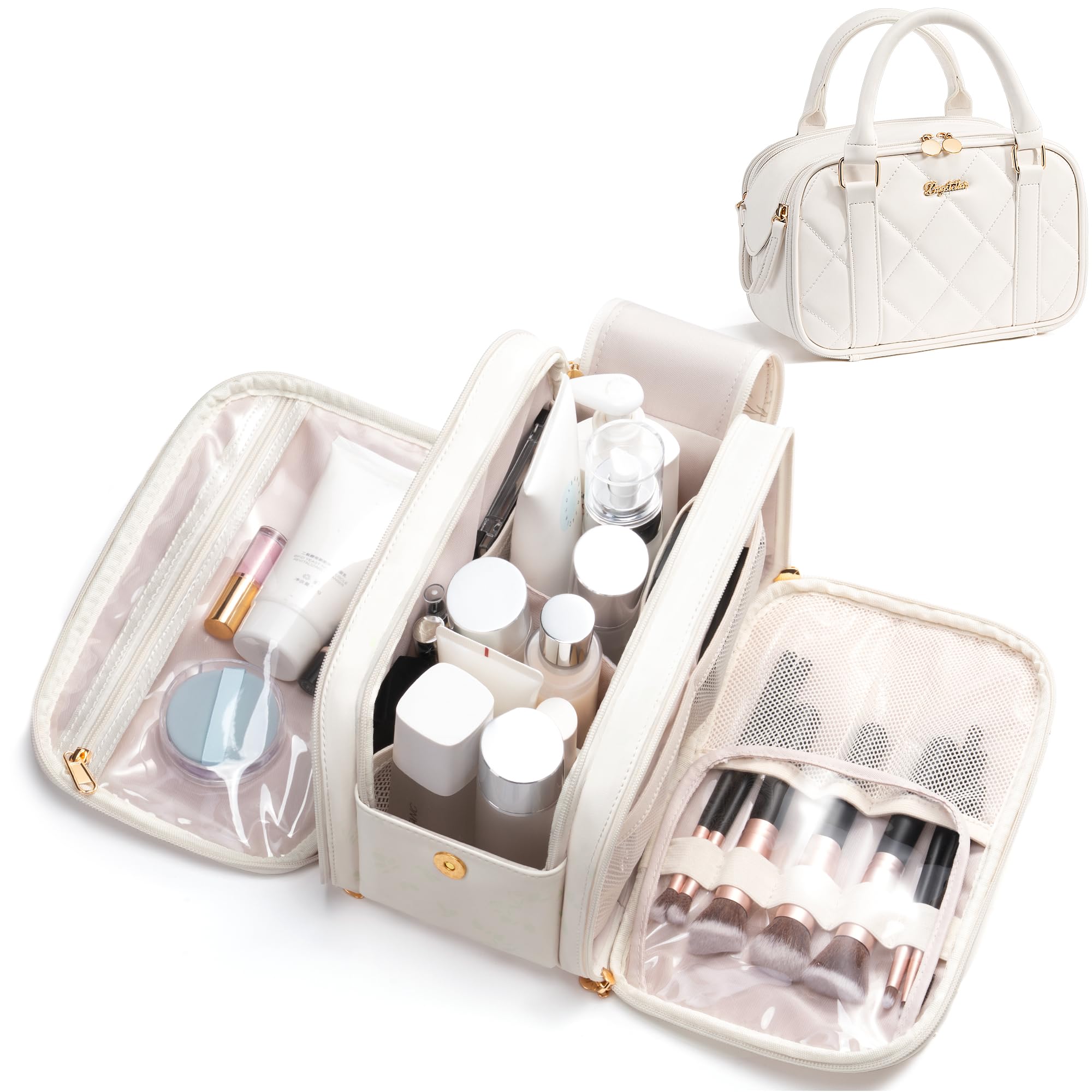 Bagstellar travel makeup bag open flat view for easy access and organization