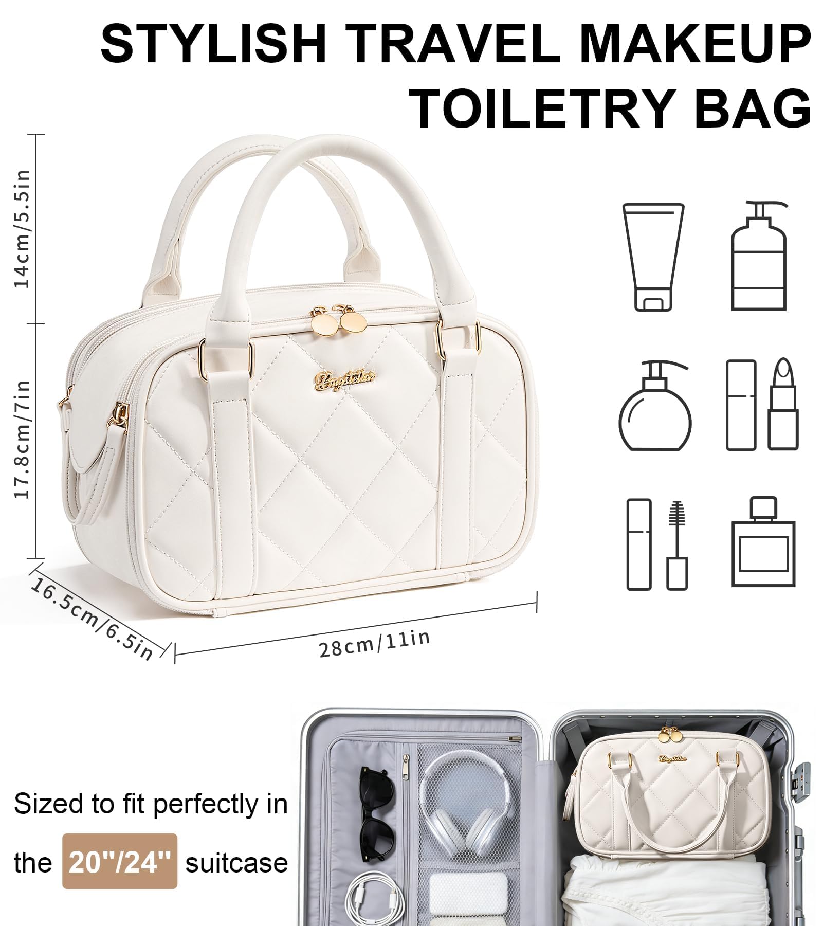 Bagstellar travel makeup bag ivory white with waterproof back pocket keeps wet items separate