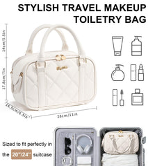 Bagstellar travel makeup bag ivory white with waterproof back pocket keeps wet items separate