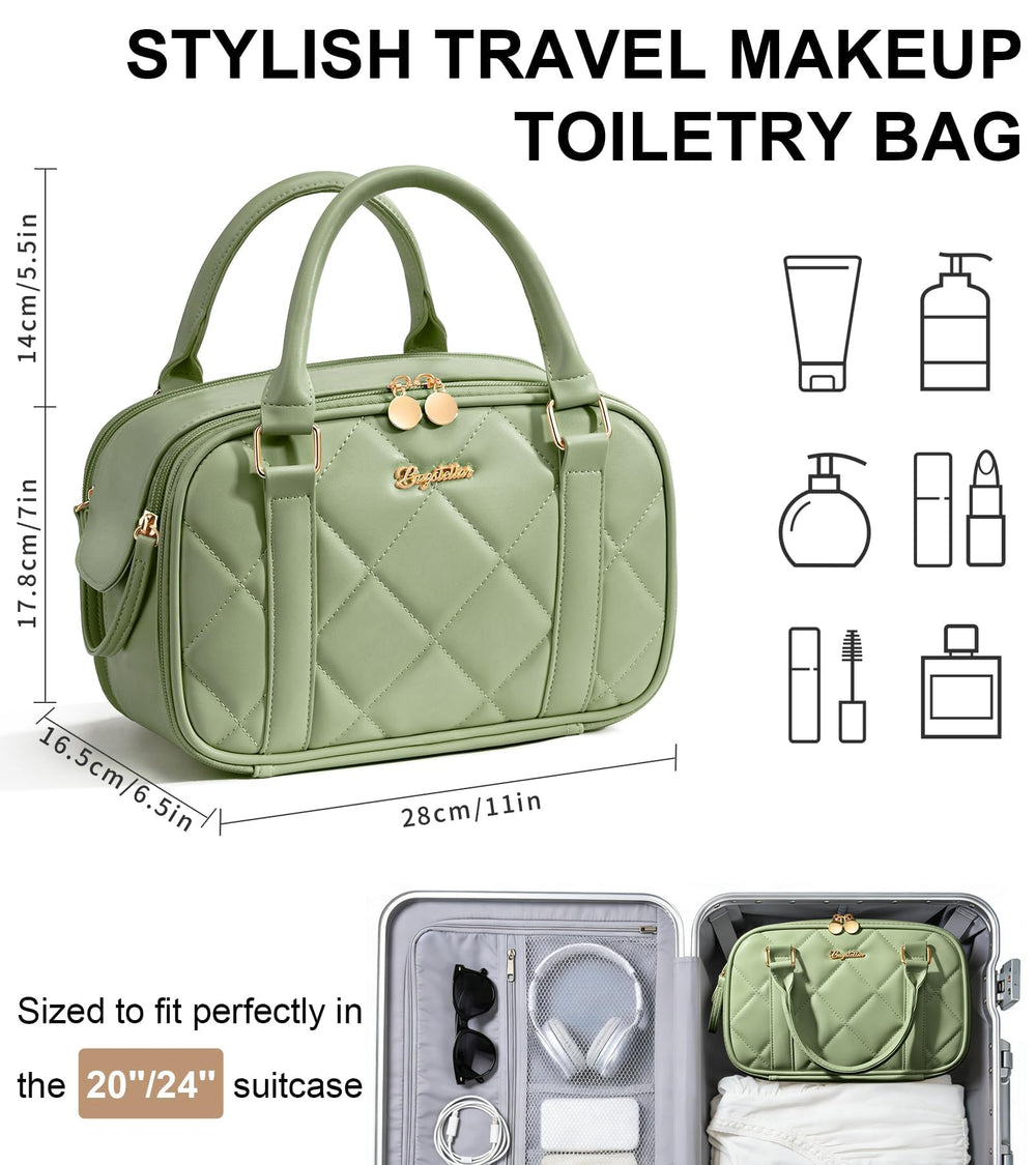 Bagstellar travel makeup bag opened flat, showing roomy layout for easy access.
