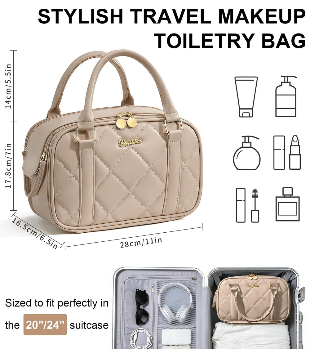Bagstellar quilted interior layout highlights organized compartments for cosmetics and toiletries.