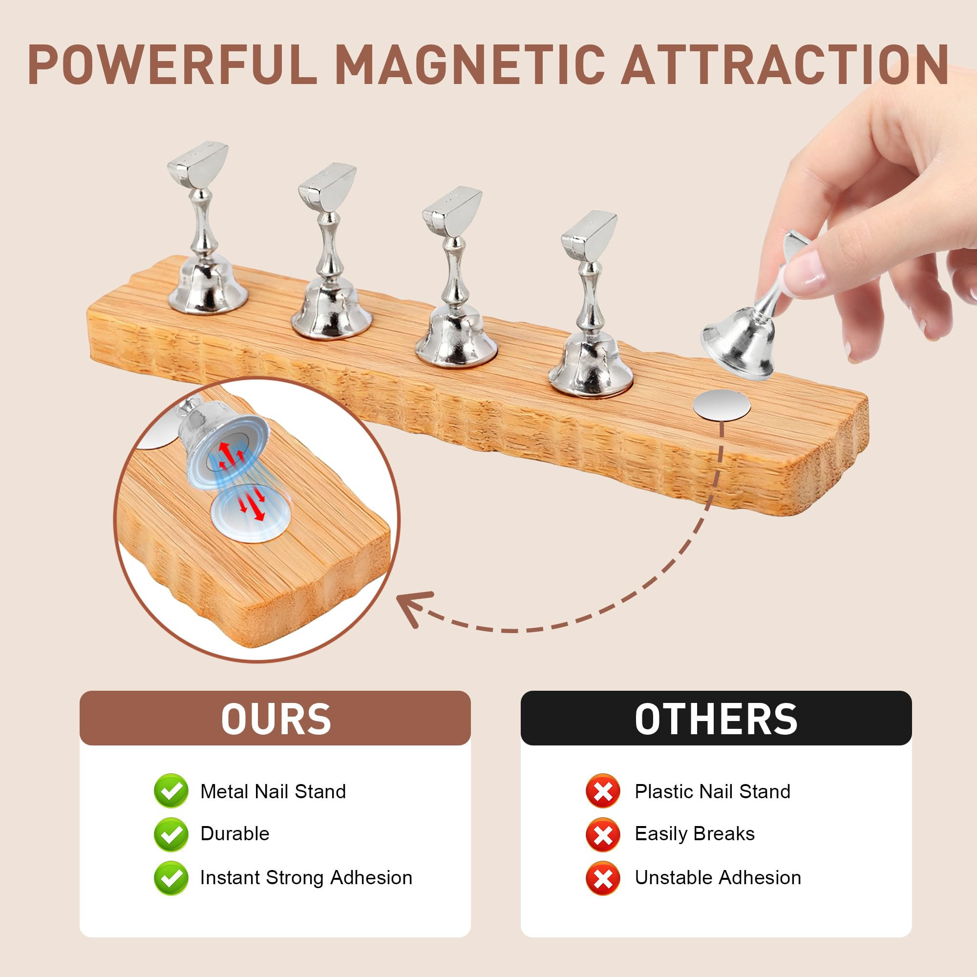 BagTeck wooden magnetic base provides stable nail display support.
