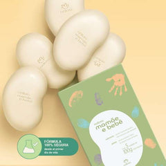 Bagues Natura Mom & Baby soap bar with creamy lather, highlights natural ingredients for delicate skin.