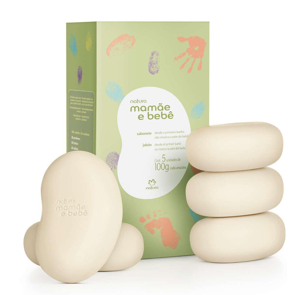 Bagues Natura Mom & Baby soap bar packaging, vegan formula for gentle baby cleansing.