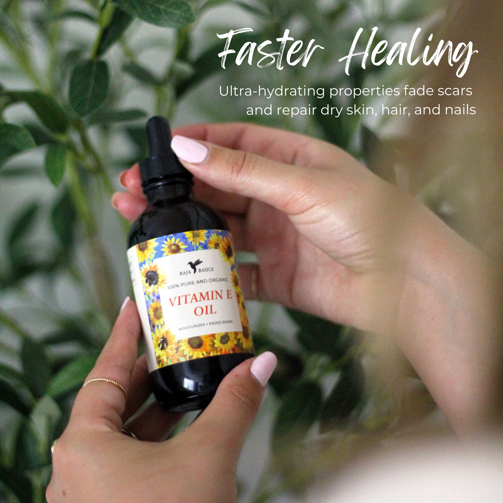 Baja Basics Vitamin E Oil dropper closeup for fast-absorbing hydration.