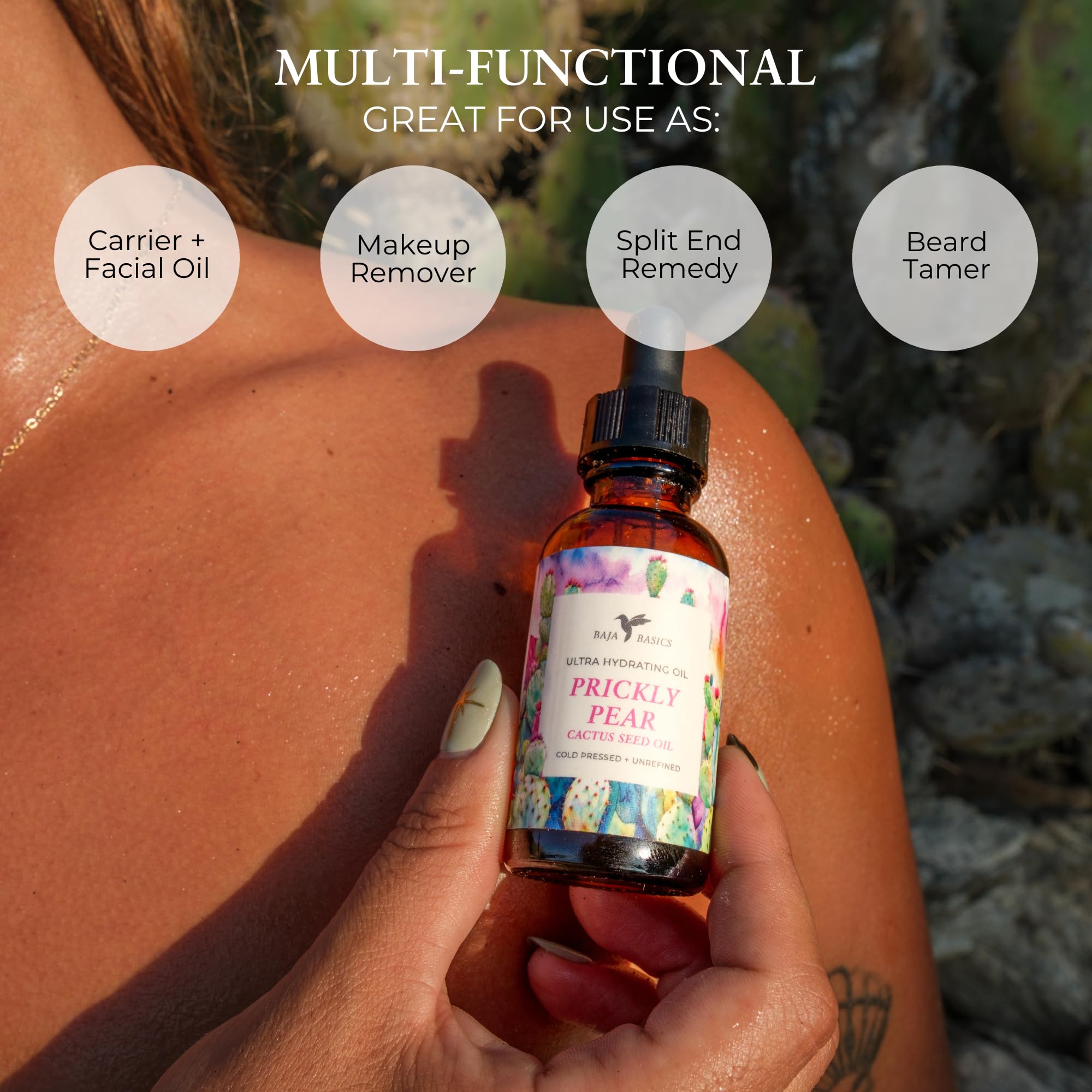 Baja Basics Prickly Pear Seed Oil applied to hands and nails.