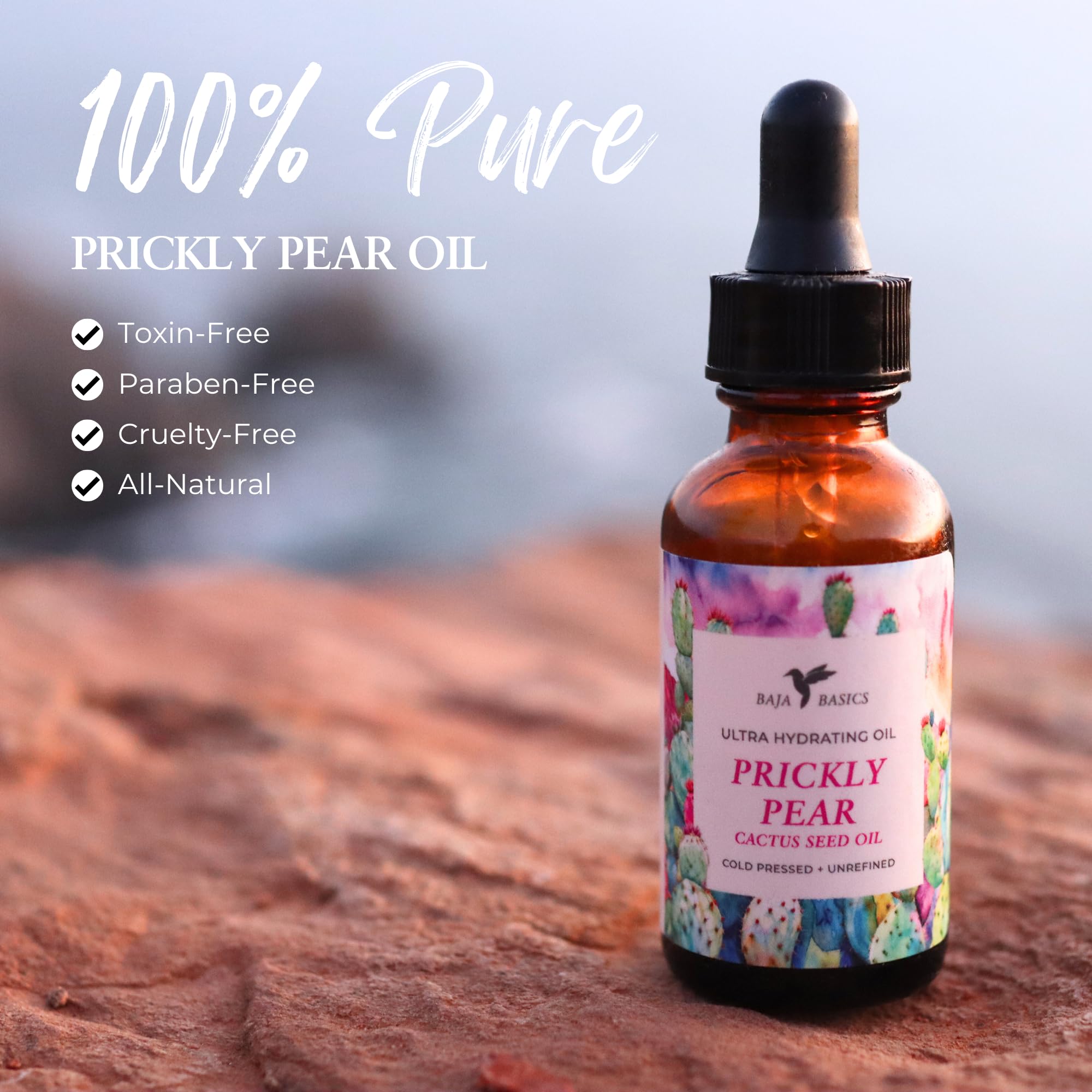 Baja Basics Prickly Pear Seed Oil dropper for precise application.