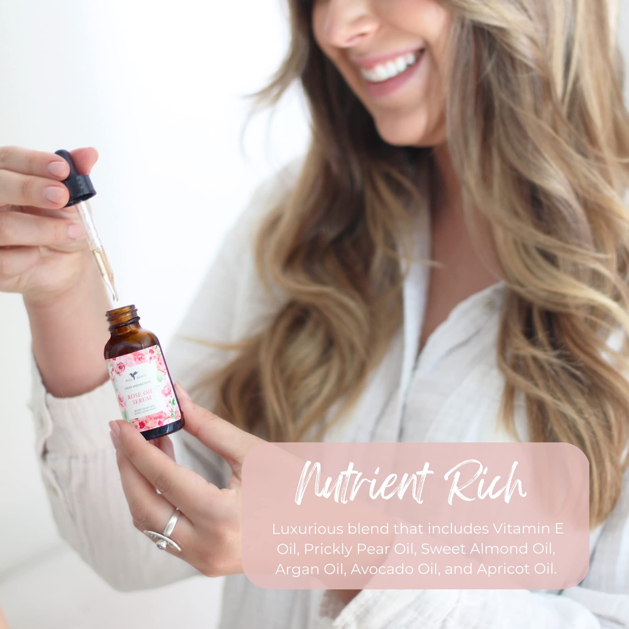 Baja Basics Rose Oil application drops on skin for balanced hydration