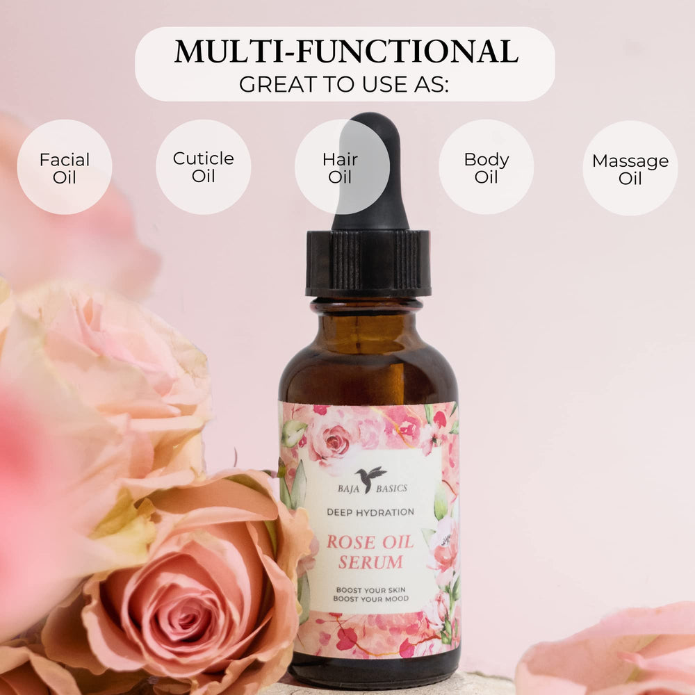 Baja Basics Rose Oil bottle with dropper for precise application and routine boosting