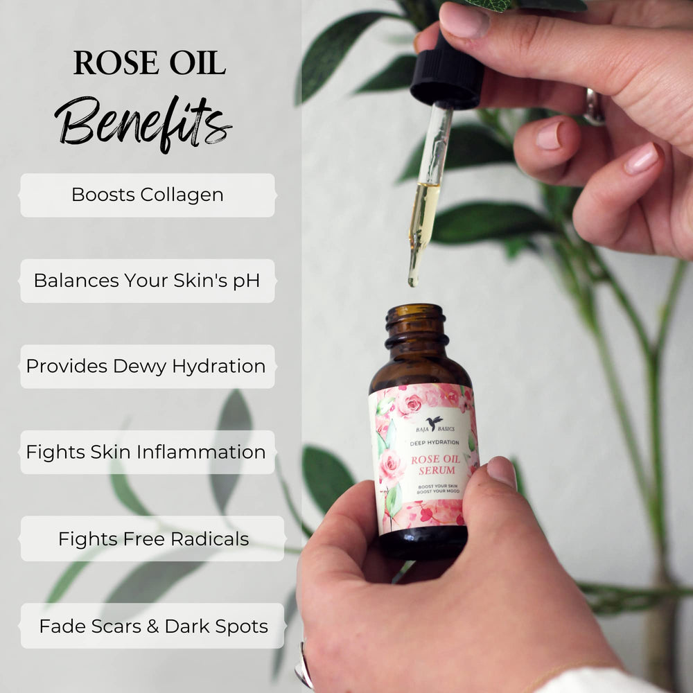 Baja Basics Rose Oil on face and neck promoting a supple texture