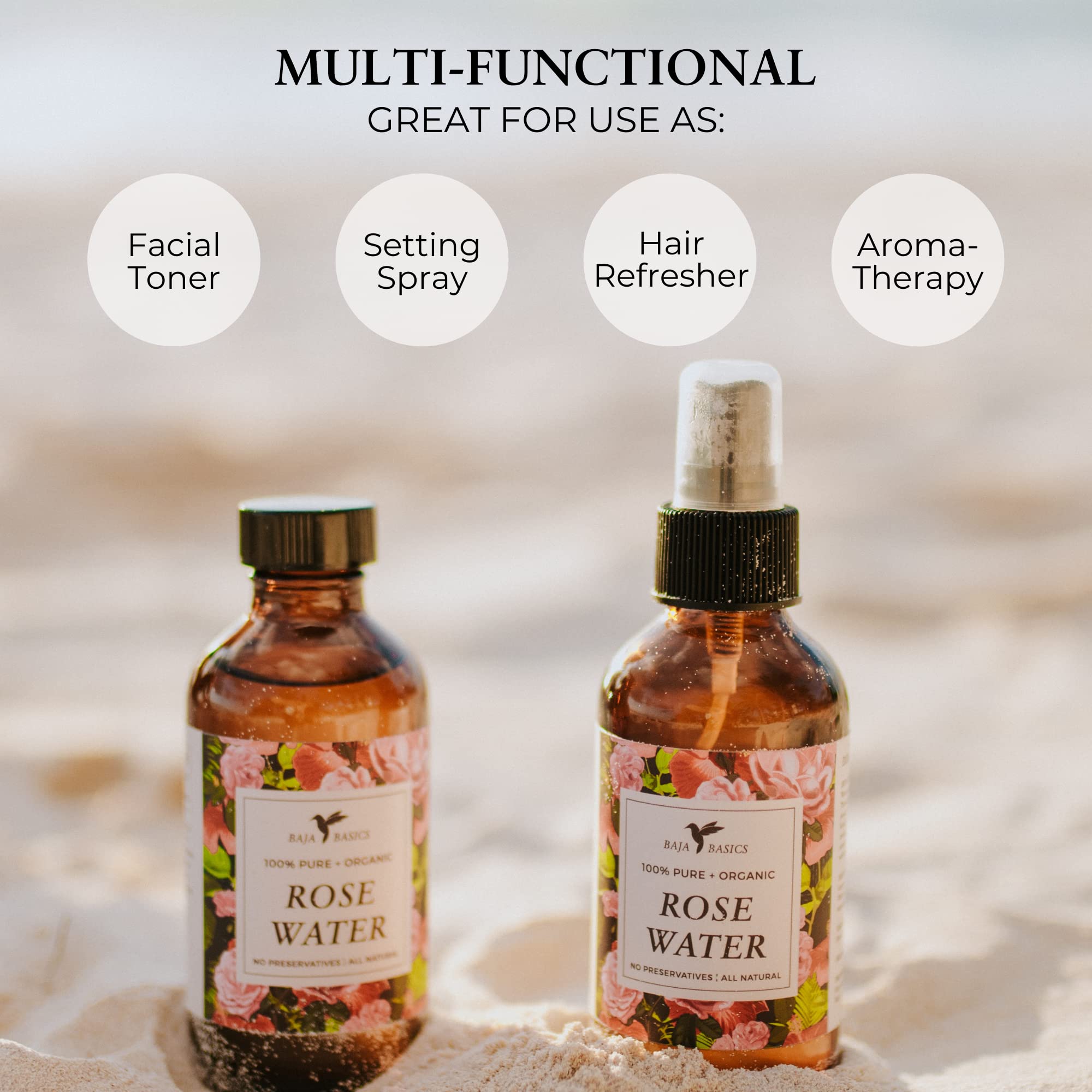 Spraying Baja Basics rose water on hair for a light moisture boost.