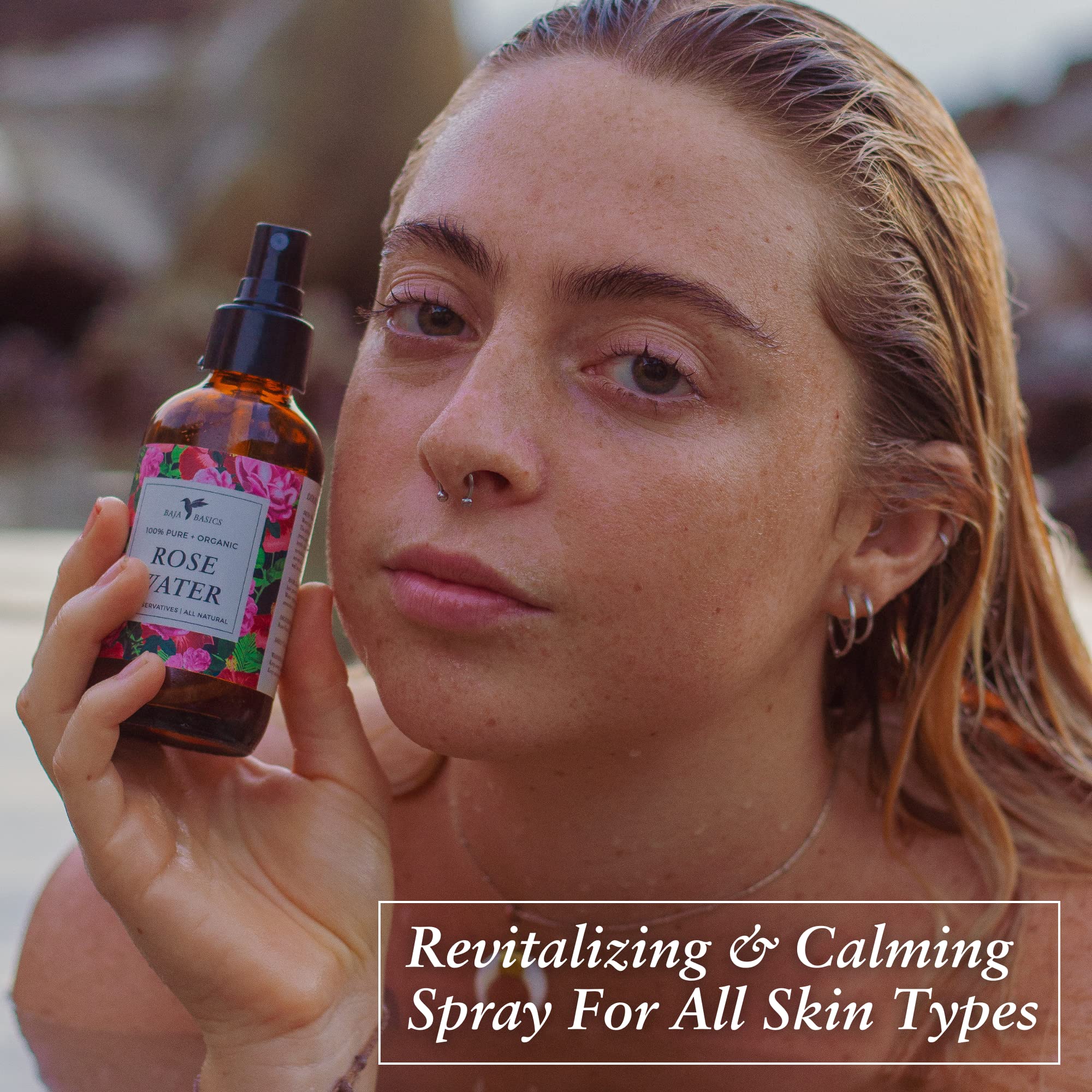 Ingredients focus on Damascene rose water and distilled water in Baja Basics spray.