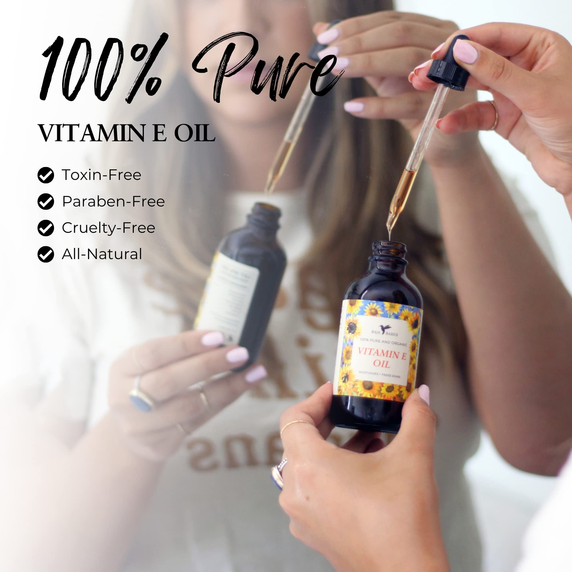 Baja Basics Vitamin E Oil texture closeup shows non-greasy, silky finish.