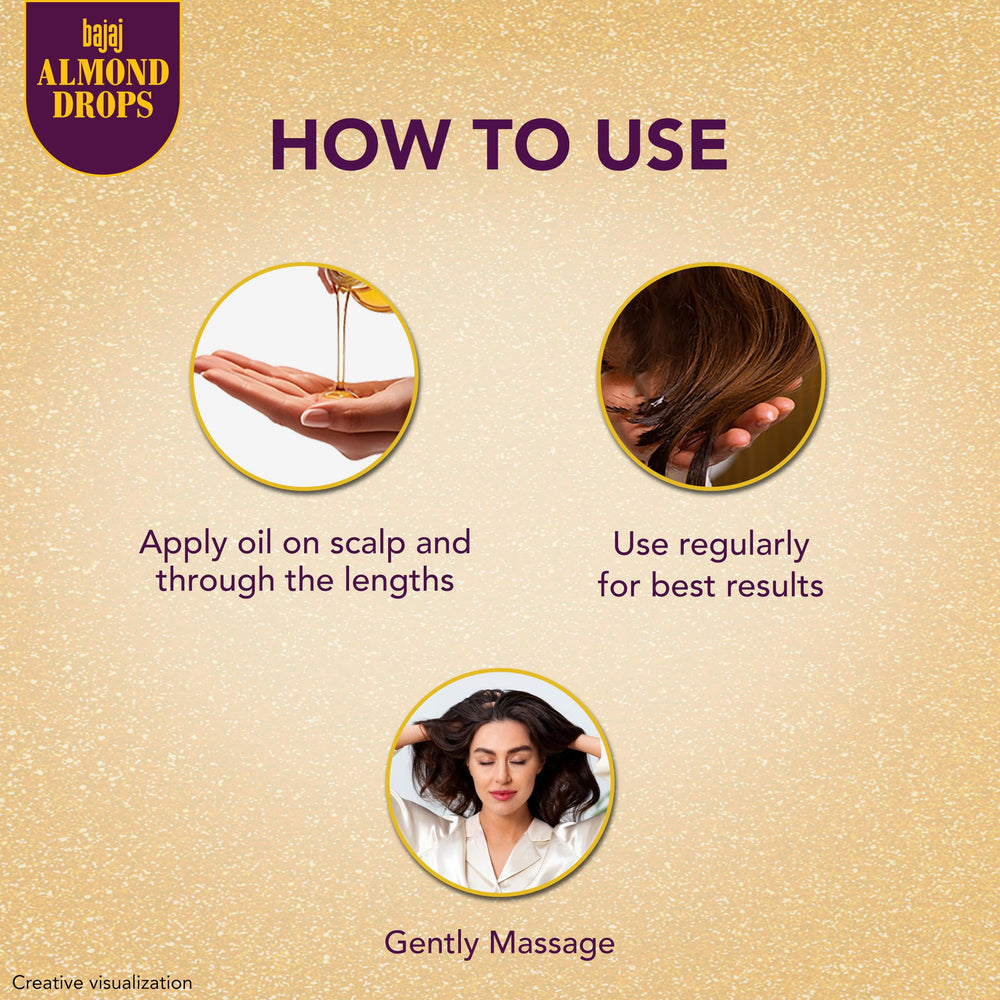 Bajaj Almond Drops label close-up emphasizing vitamin E benefits.
