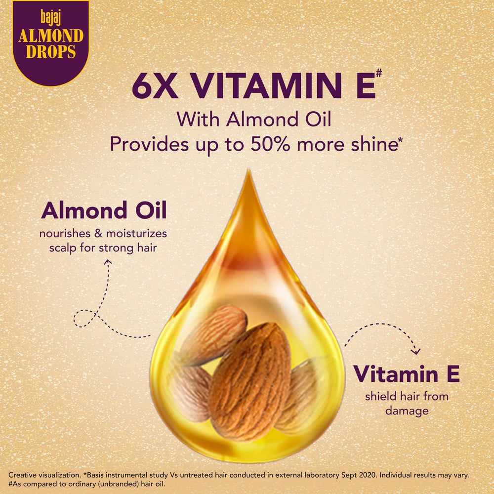 Bajaj Almond Drops oil on palm demonstrates smooth texture.