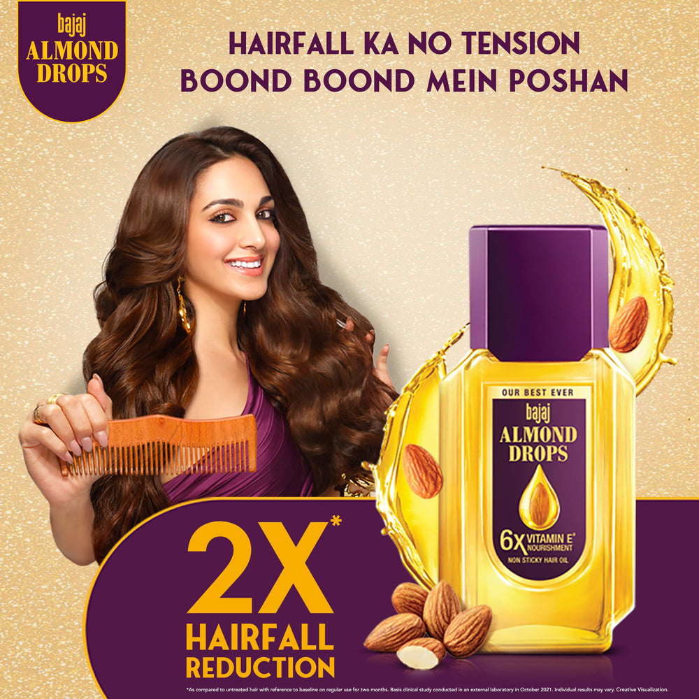 Bajaj Almond Drops packaging box view shows lightweight formula.