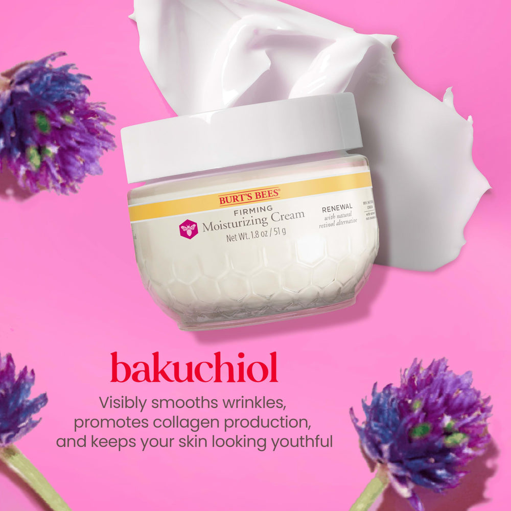 Bakuchiol ingredient label on Burt's Bees Renewal highlights natural retinol alternative.