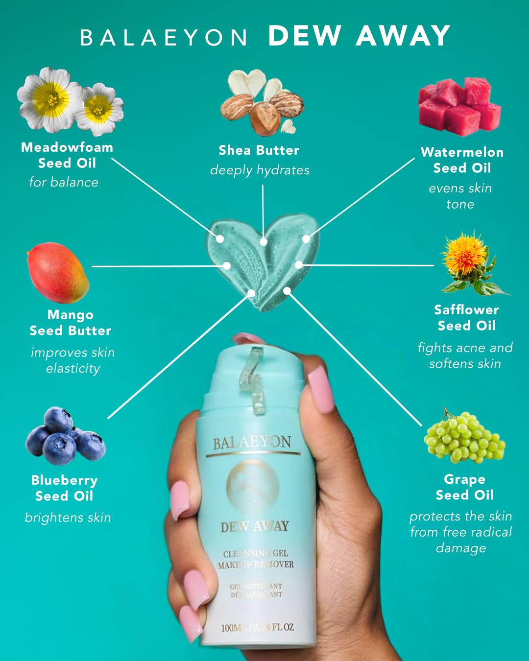 Balaeyon blueberry seed oil helps balance moisture and plump skin.