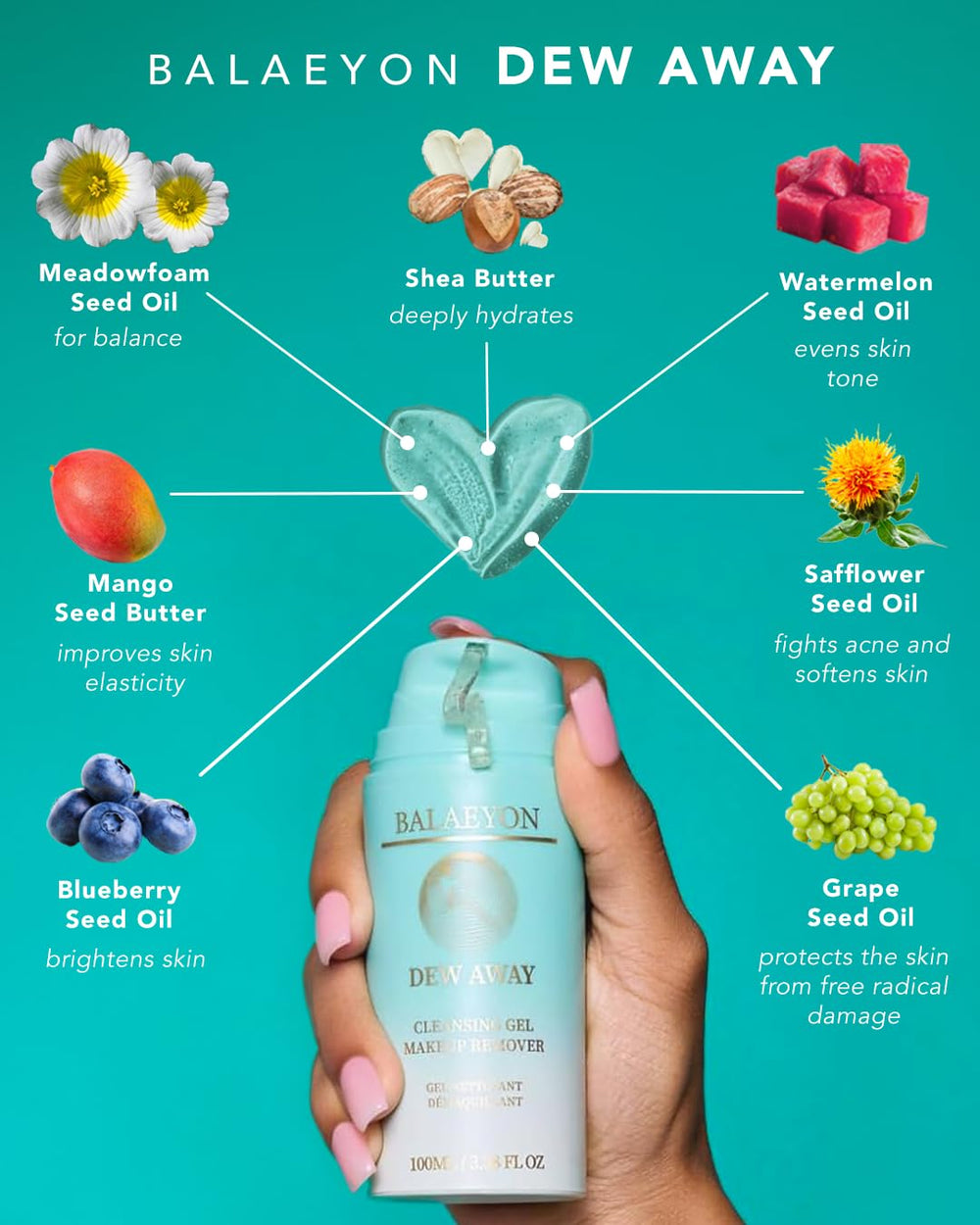 Balaeyon blueberry seed oil helps balance moisture and plump skin.