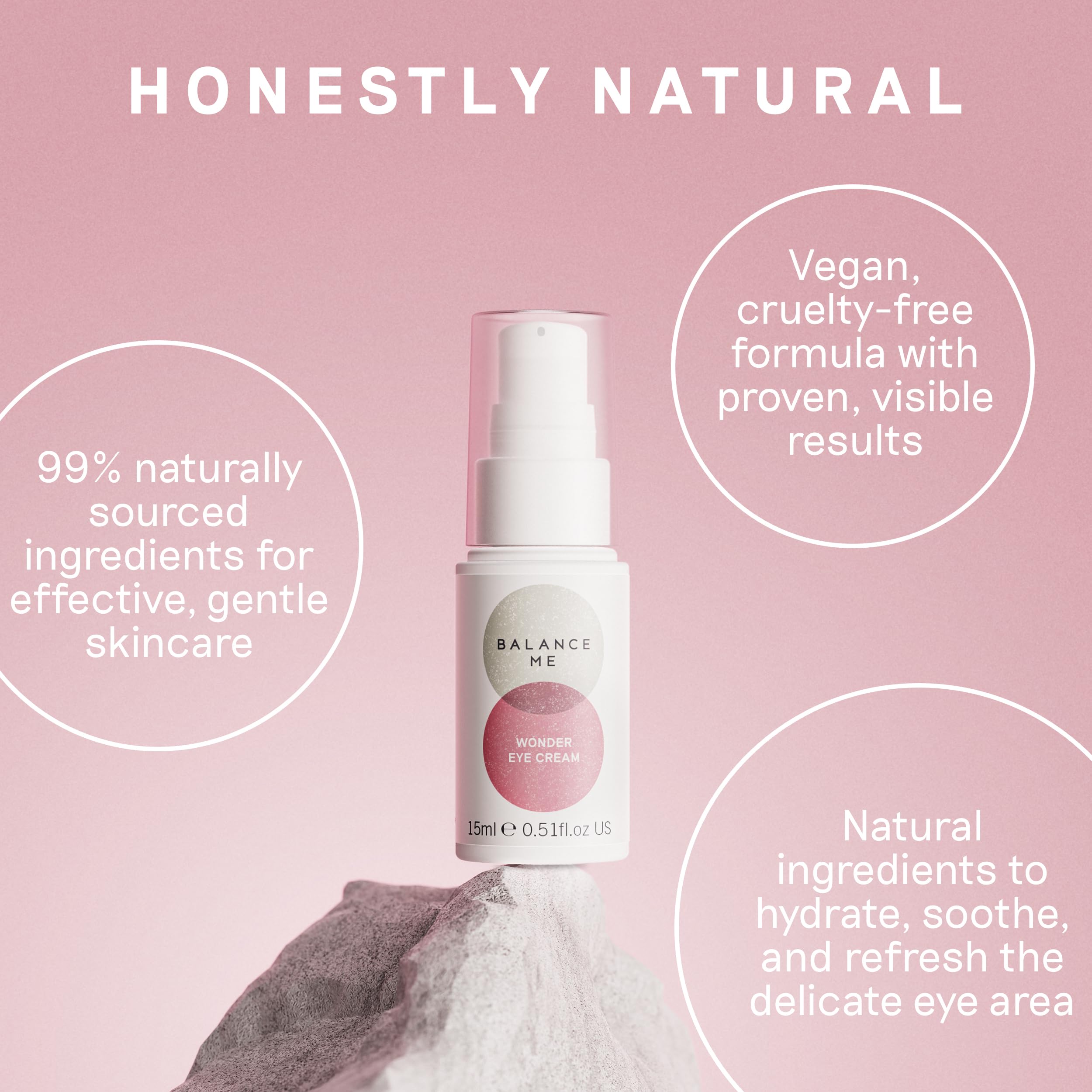 Balance Me Wonder Eye Cream bottle close-up showing the 0.5 fl oz size