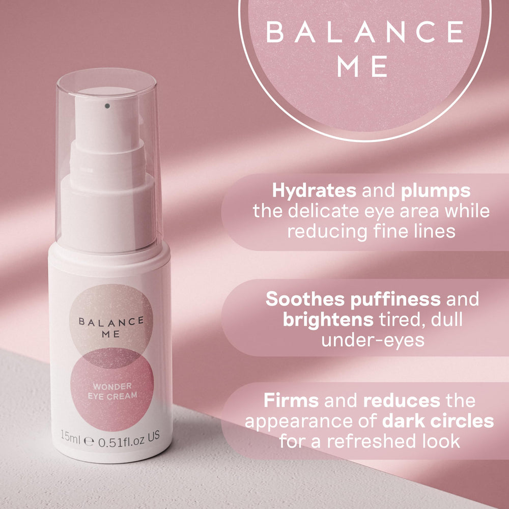 Balance Me Wonder Eye Cream with witch hazel cools and soothes the under eye area
