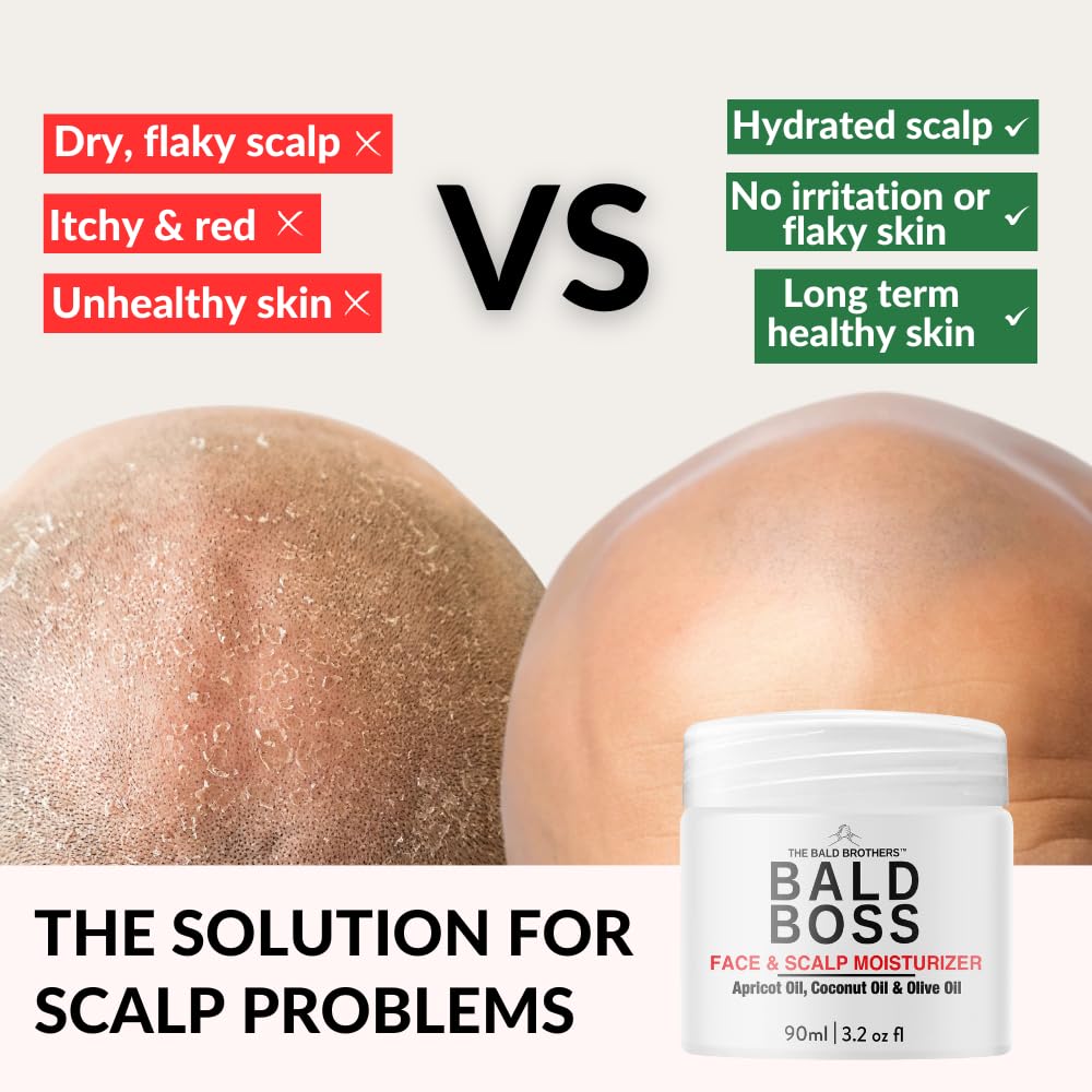 The Bald Boss moisturizer close-up highlights matte finish for head and face.