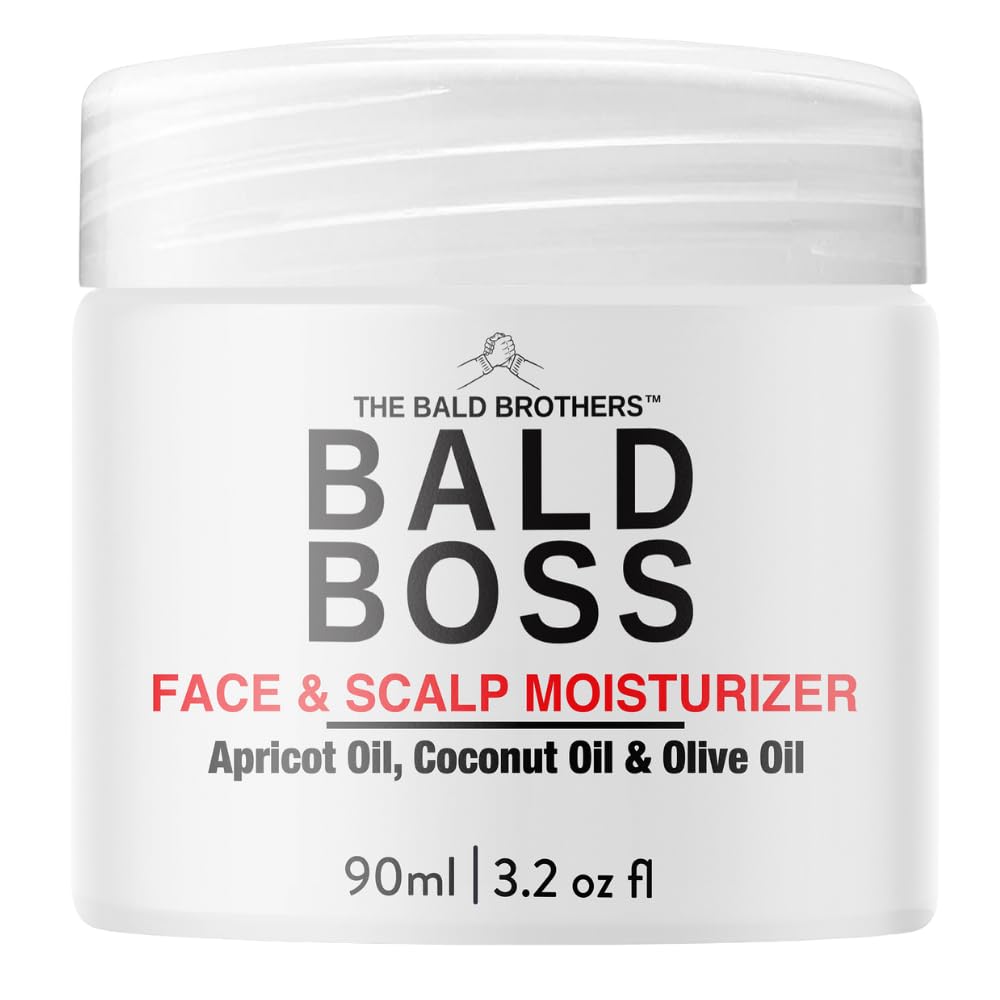 The Bald Brothers bottle shows light, non-greasy hydration from apricot seed oil.