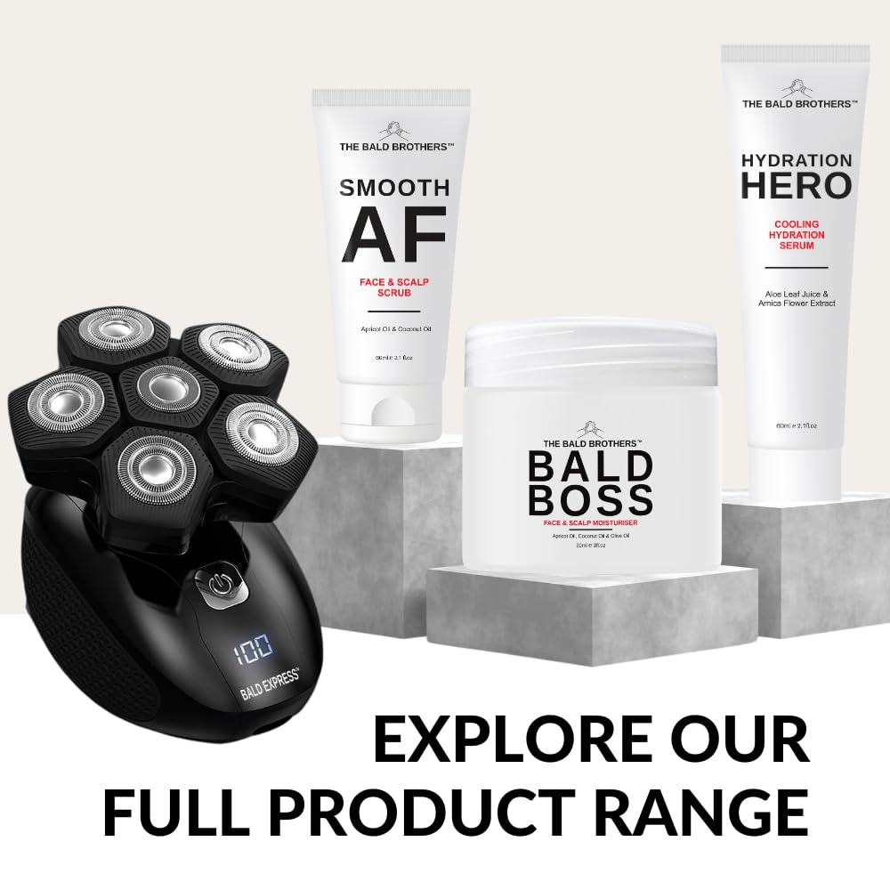 Lifestyle shot from The Bald Brothers suggests easy daily head care routine.