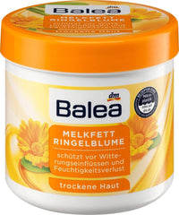 Balea Milk Fat Marigold bottle poured, showcasing hydration for dry skin.