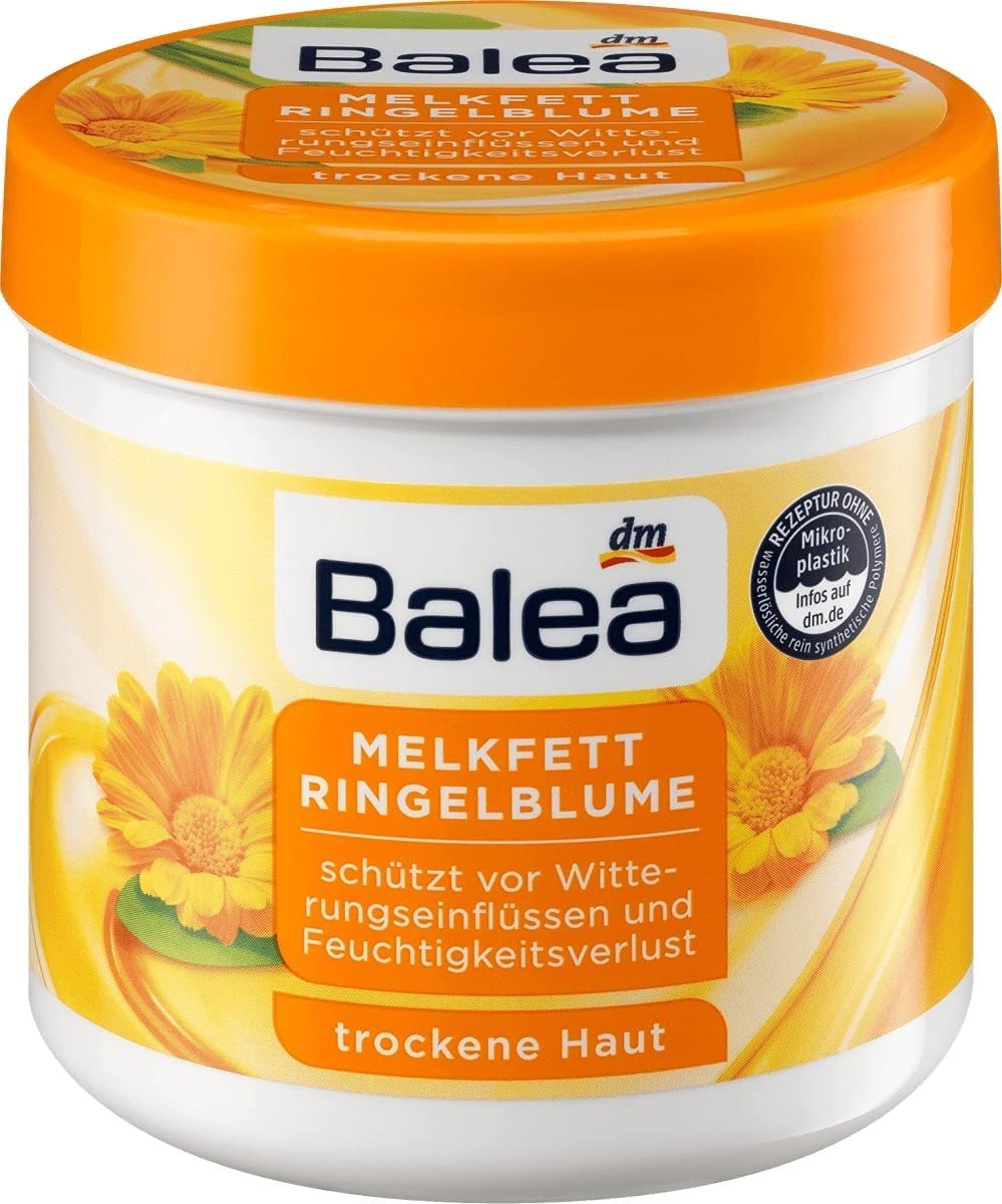 Close-up of Balea Milk Fat Marigold packaging highlighting vegan, paraben-free formula.