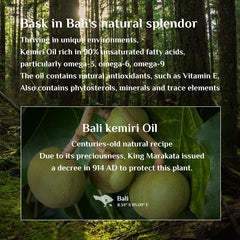 Bali Aga Kemiri Oil application on hair strands demonstrates strengthening nourishment.