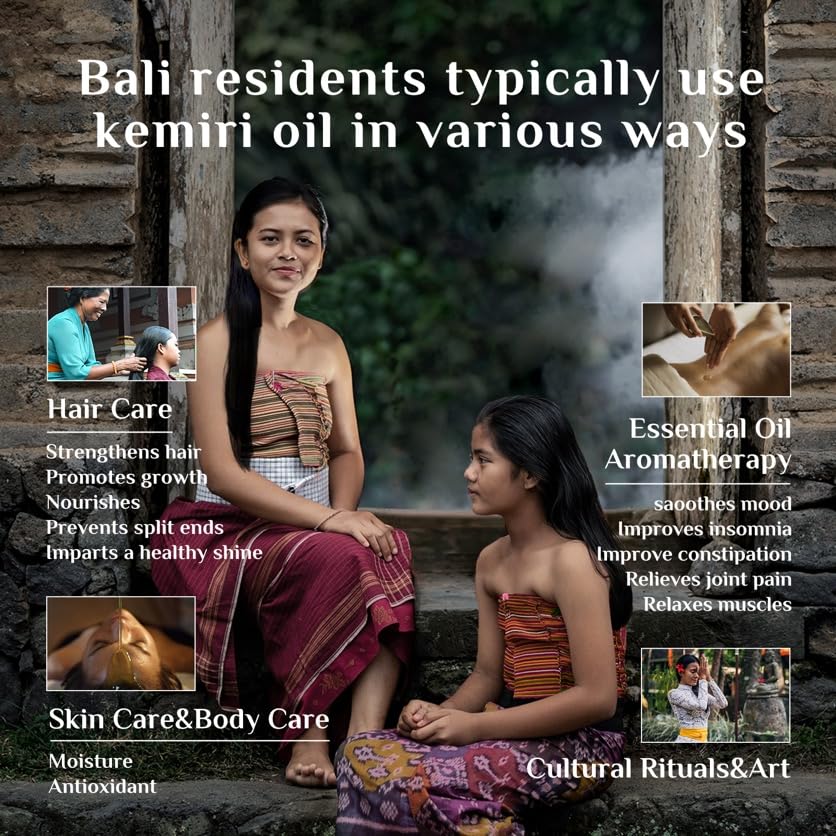 Bali Aga Kemiri Oil massaged into scalp to calm dryness and itchiness.