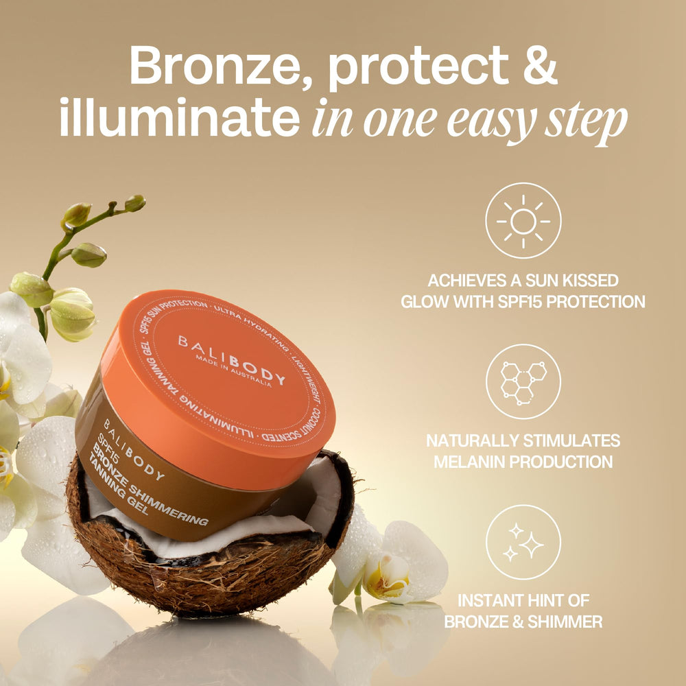 Bali Body Bronze Shimmer coconut scent evokes tropical summer vibe.