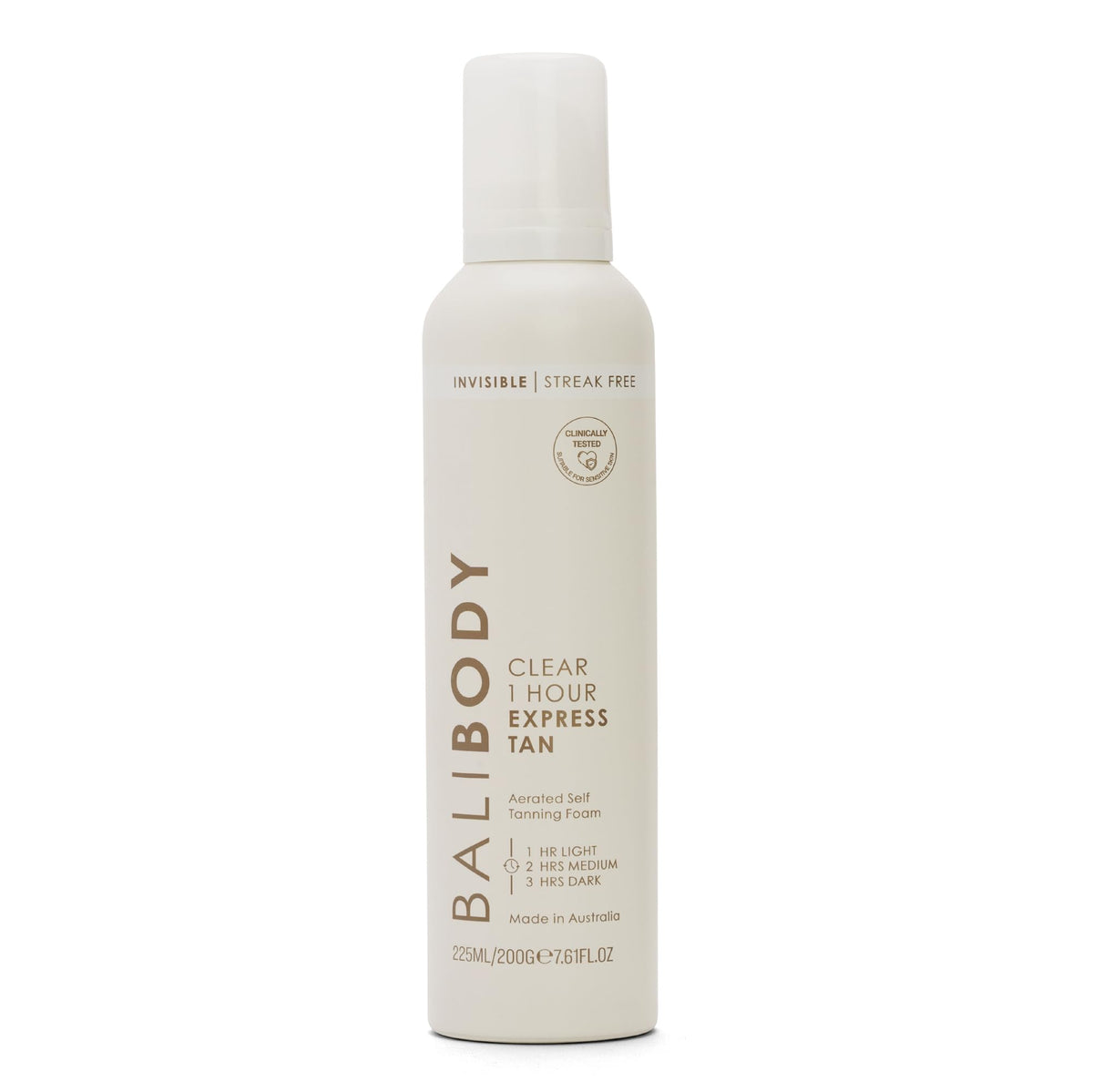 BALI BODY Clear 1 Hour Express Tan foam bottle delivering a natural bronze with minimal transfer.