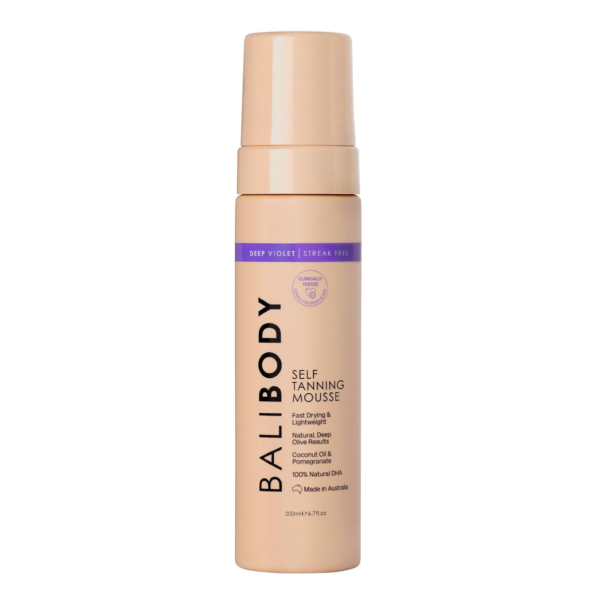 Bali Body Deep Violet Mousse bottle closeup shows rich, even color development for a natural tan.